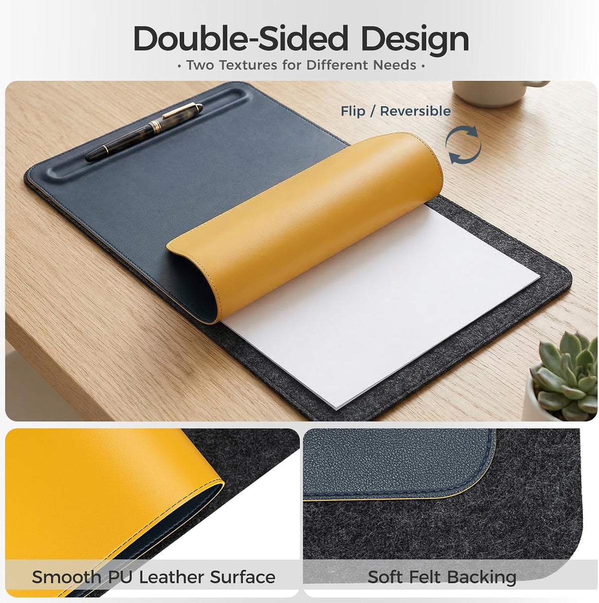 Desk Mat – Double-Sided Vegan Leather & Felt | Built-In Magnetic Cable Or...