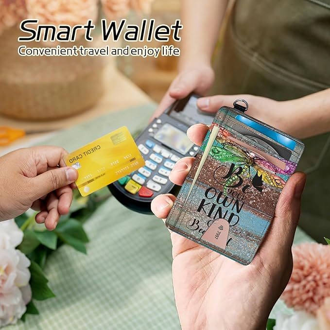 BWEGRHE Small Travel Wallets, Dragonfly Glitter Wood Slim Minimalist Front - Image 4