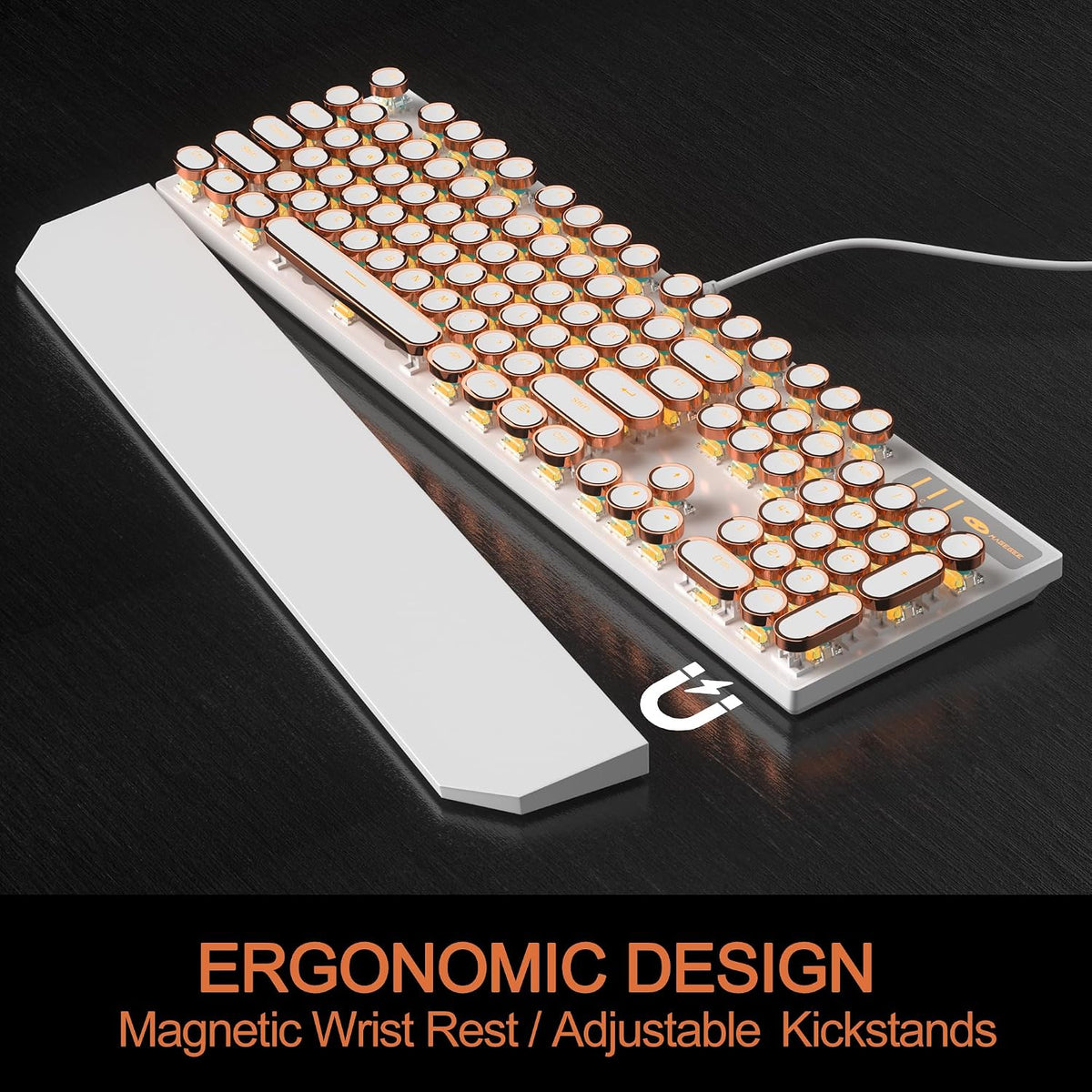 MageGee Typewriter Mechanical Gaming Keyboard, Retro Gold Punk Round Keycaps ...