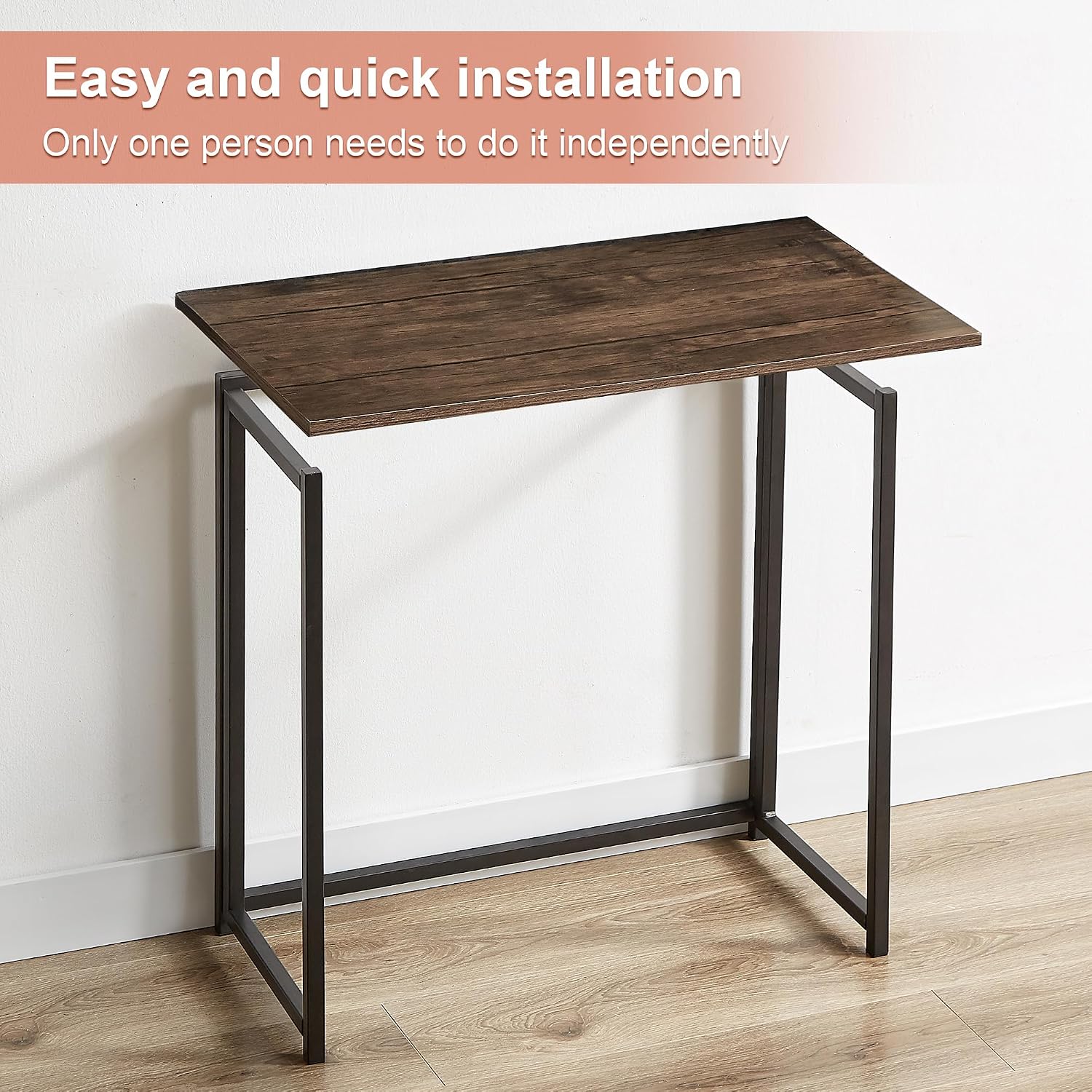 VECELO Folding Desk 31.5 Inch Writing Desk Home Office Sturdy Steel Laptop Table for Home Office Work Classic Brown