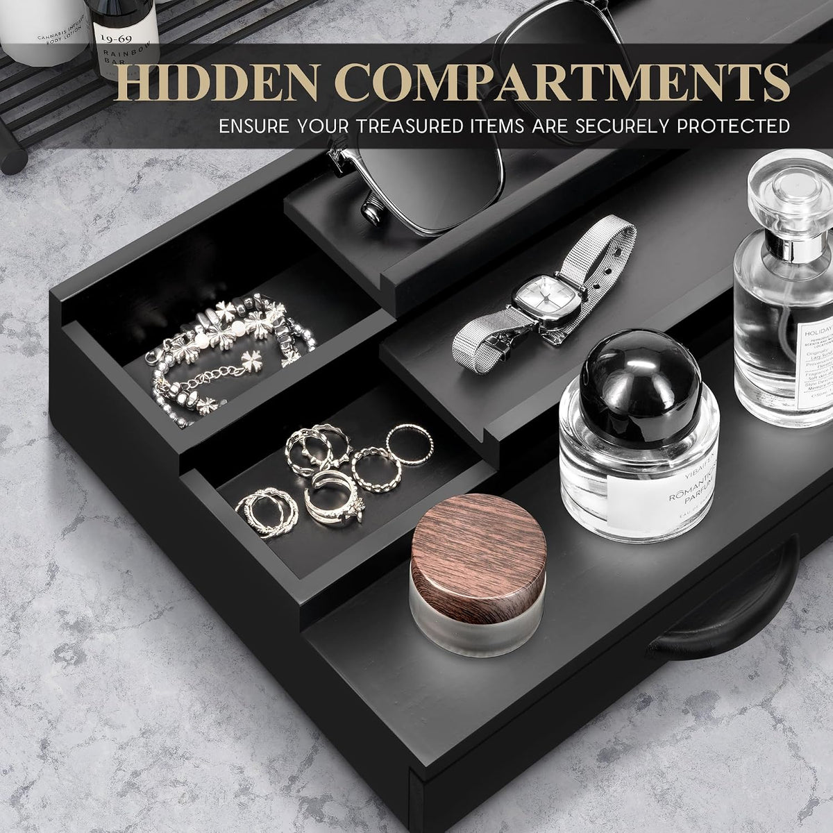EOSAHR Wooden Cologne Organizer: Modern Cologne Holder for Men, Black