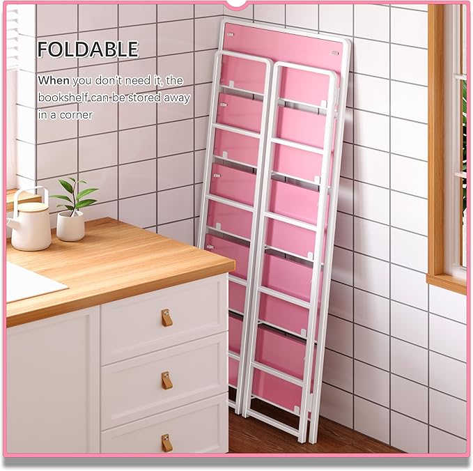 4NM No Assembly 5 Tiers Folding Bookshelf Storage Shelves Vintage Bookcase - Image 4