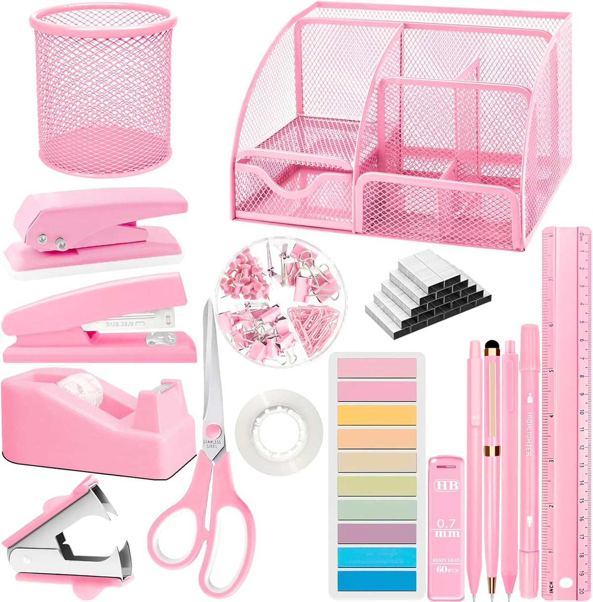 Pink Office Supplies, 17Pcs Pink Desk Accessories Set Include Stapler, Mesh D...