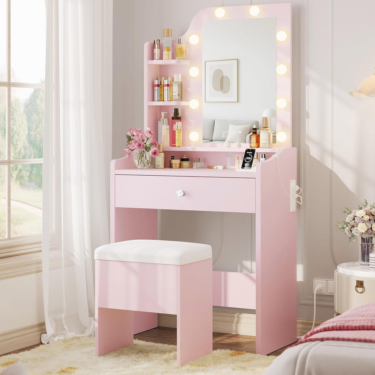 LIKIMIO Small Vanity Desk with Mirror Lights and Storage Stool, Pink