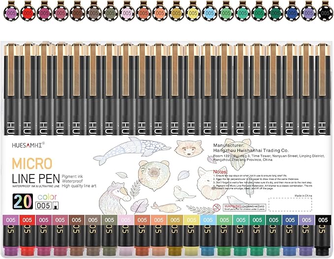 huesamhi 005 Micro Pen, 20 Colors Waterproof Ink 0.20mm Fine Tip FineLiner Pens by Unknown