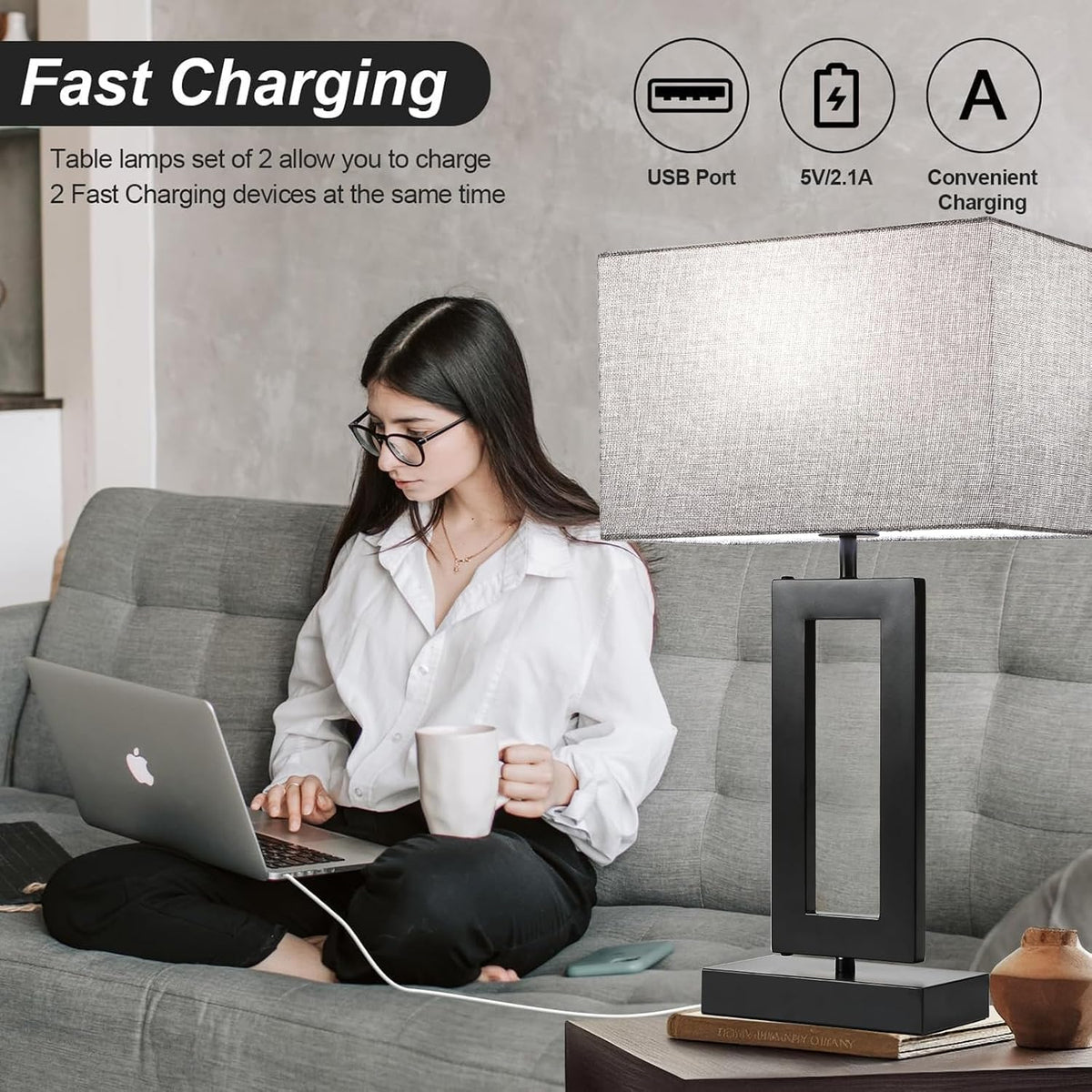 MoMyofdy 22’’ Tall Set of 2 Touch Control Table Lamp w. 2 USB Ports, 3-Way Di...