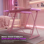 Mr IRONSTONE Gaming Desk with LED Lights, L Shaped Desk Corner with Cup Holder & Headphone Hook, Computer Desk Home Office Desks with Large Monitor Stand, Carbon Fiber Surface, Pink 51 Inch