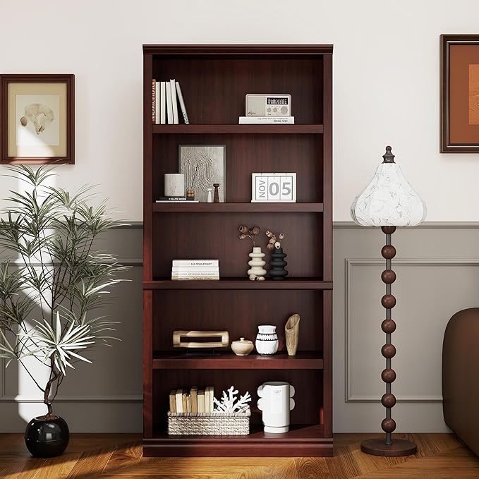 blini 5-Shelf Tall Bookcase Wooden Bookshelves 33in Wide Floor Standing Display - Image 5