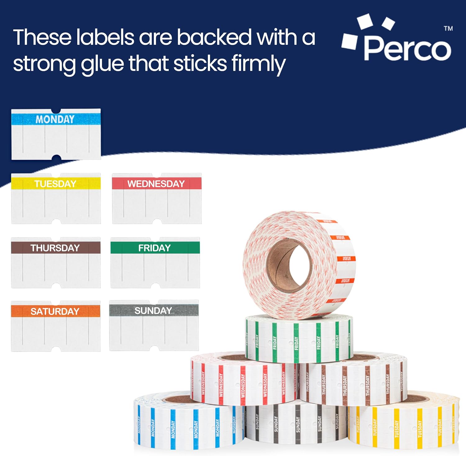 Perco 1 Line Day of The Week Labels - 7,000 Blank Dating Labels for Perco Lite, X, Plus and Pro 1 Line Date Guns - 7 Rolls (Full Week), 1 Sleeve - Made in USA
