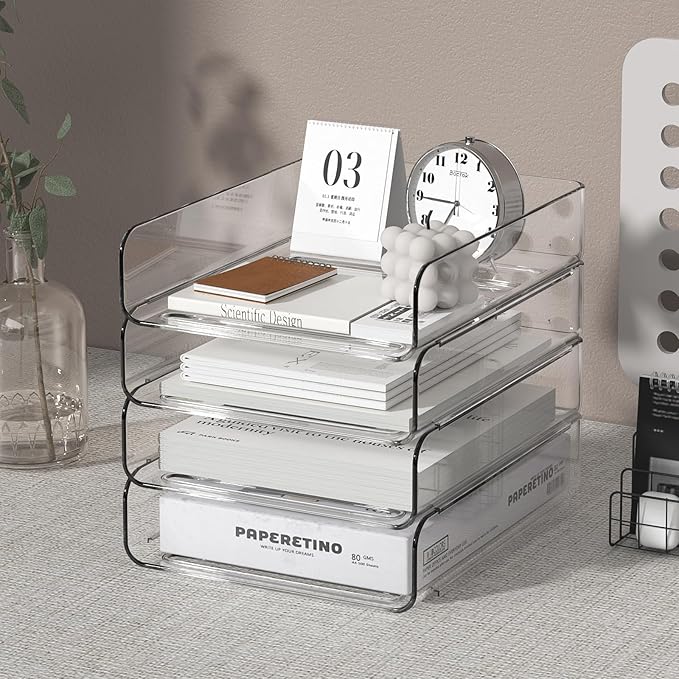 FANXIYQ 4-Tier Acrylic Paper Tray Organizer | Clear Stackable Desk Organizer - Image 2