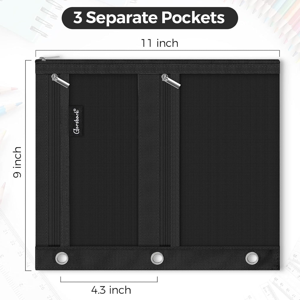 3-Ring Binder Pencil Pouch, Zipper Organizer with 3 Compartments, Mesh Window & Metal Grommets, Durable Oxford Pen Case for School Office Supplies Black