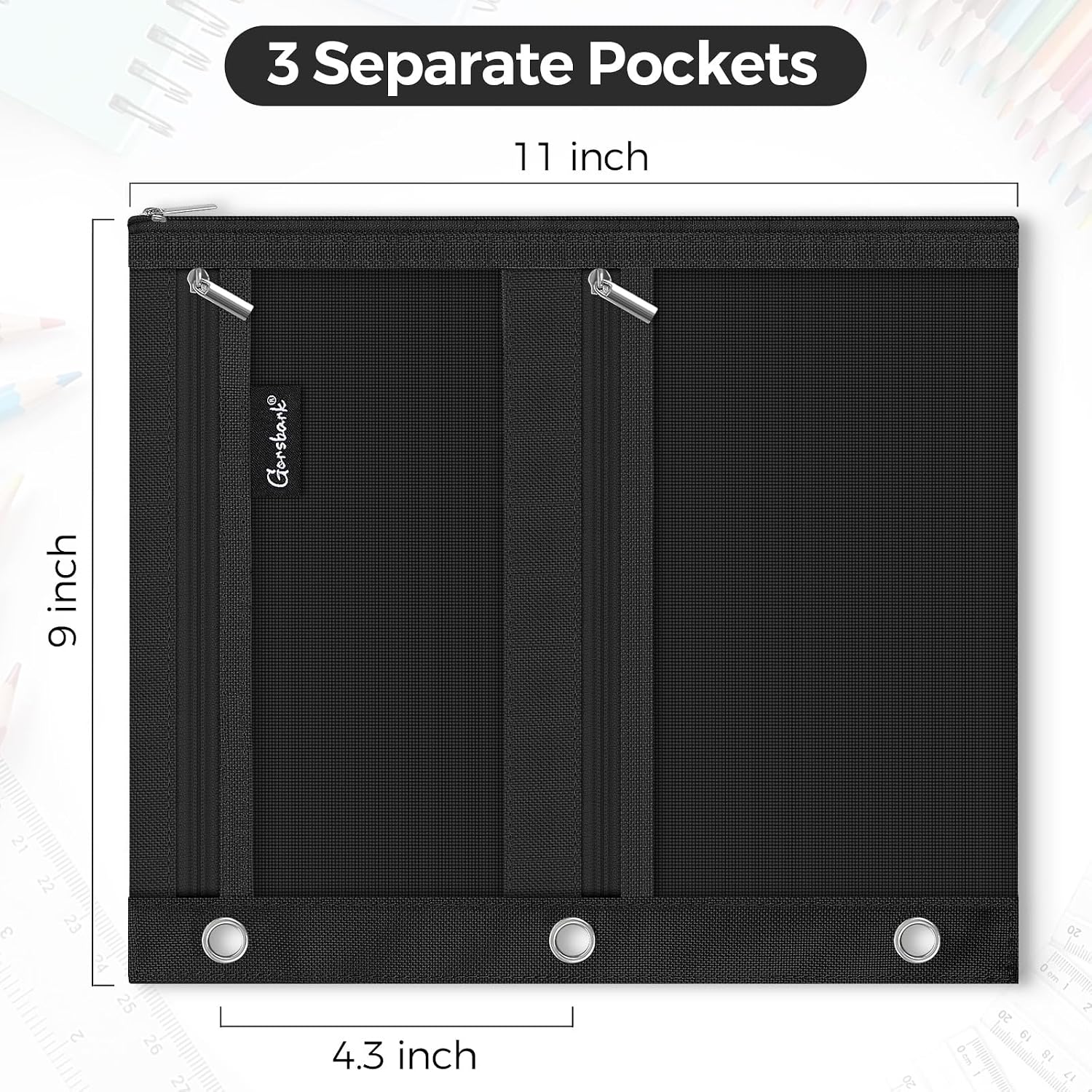 3-Ring Binder Pencil Pouch, Zipper Organizer with 3 Compartments, Mesh Window & Metal Grommets, Durable Oxford Pen Case for School Office Supplies Black