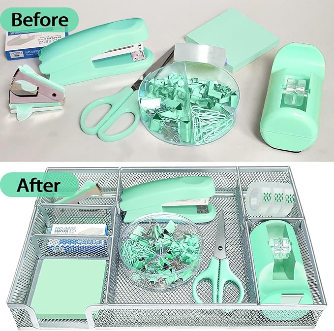 Green Office Desk Accessories, Desk Drawer Organizer, Stapler and Tape - Image 5