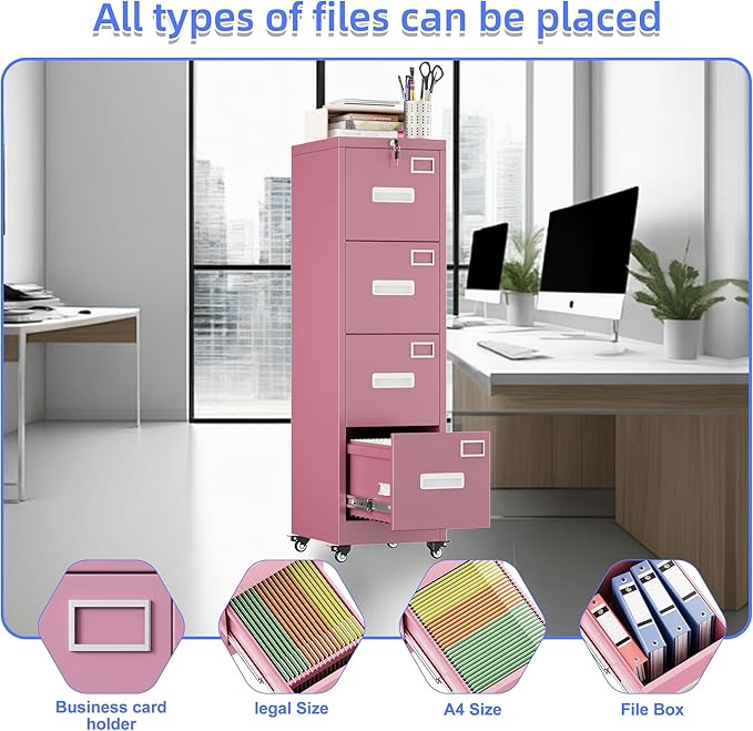 METAN 4 Drawer File Cabinet on Wheels, Lockable Metal Filing Cabinet - Image 7