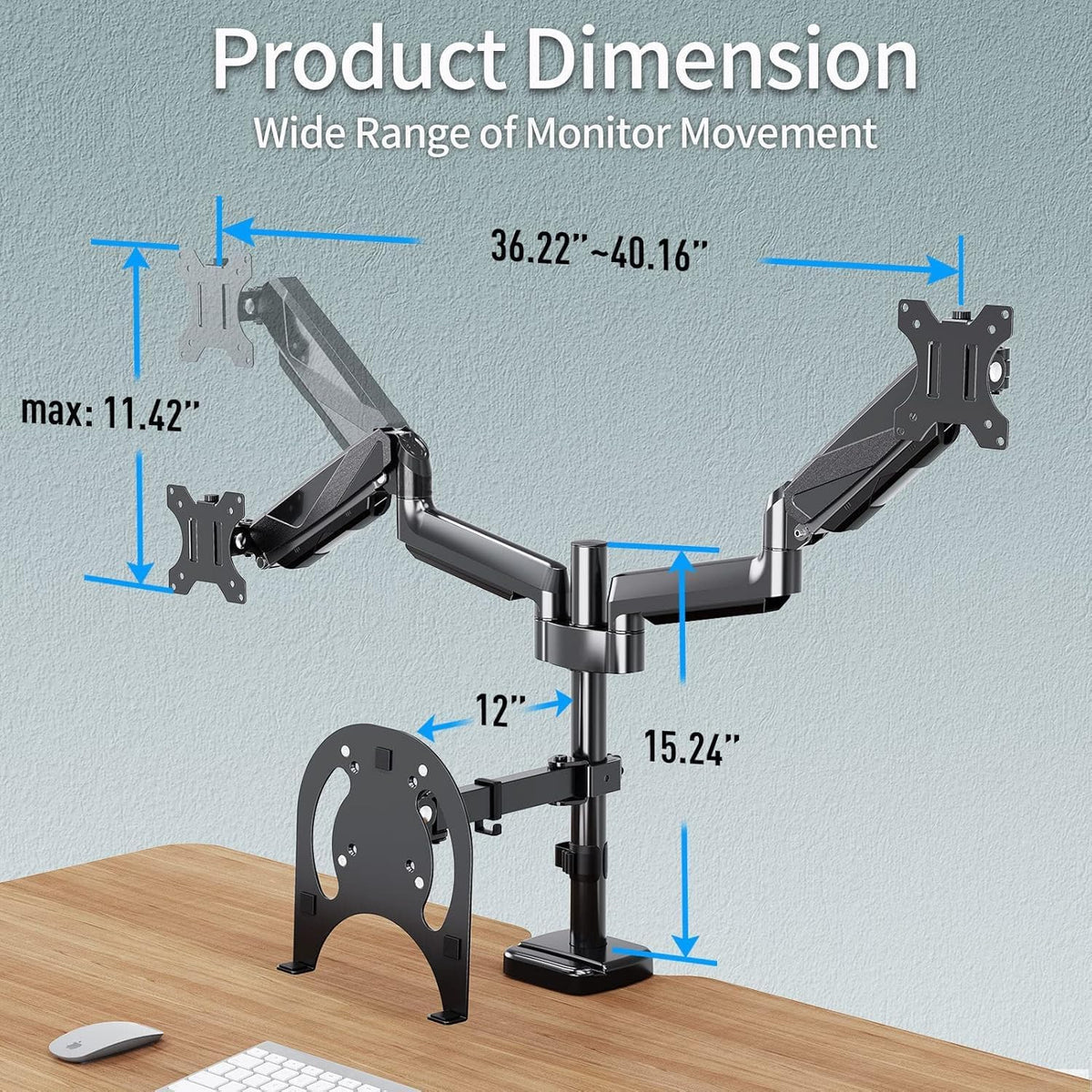 mountup dual monitor and laptop mount, adjustable monitor, side view