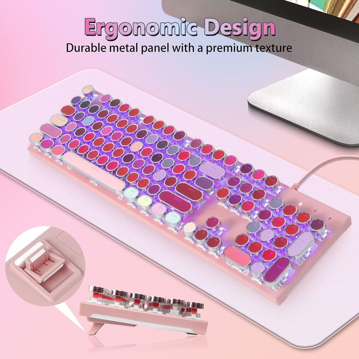 HUO JI Mechanical Gaming Keyboard Typewriter Style with Purple LED Backlit