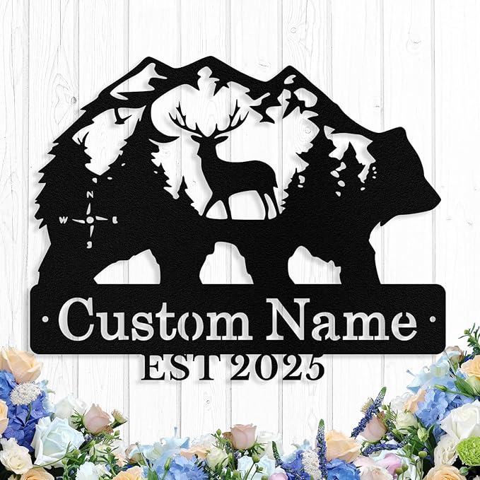 Custom Bear & Deer Metal Sign, Custom Bear Metal Wall Art Decor, Personalized by logo