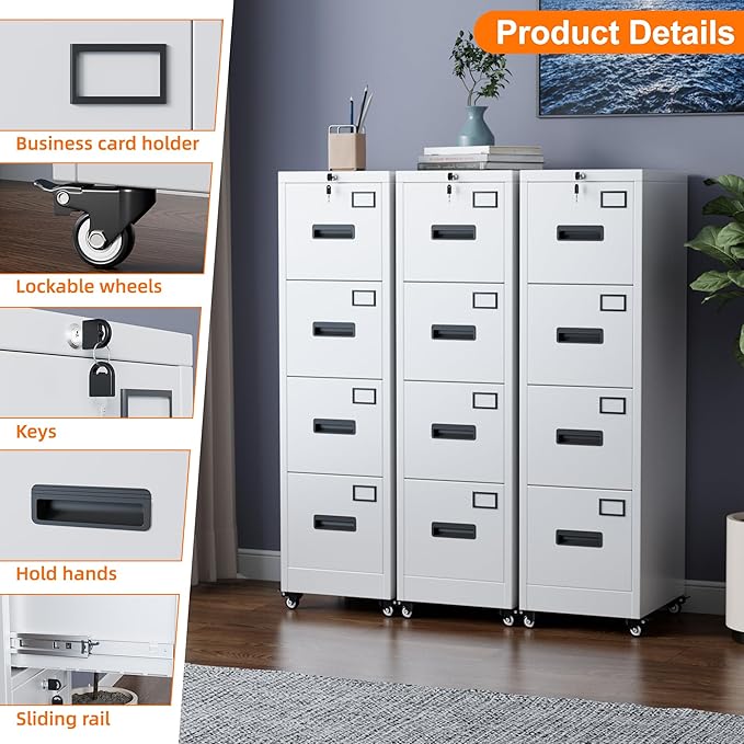 METAN 4 Drawer File Cabinet on Wheels, Lockable Metal Filing Cabinet - Image 3