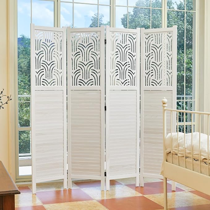 Svimi Folding Room Divider, 66.9 Inch 4 Panels Wood Carved Privacy Screens - Image 6