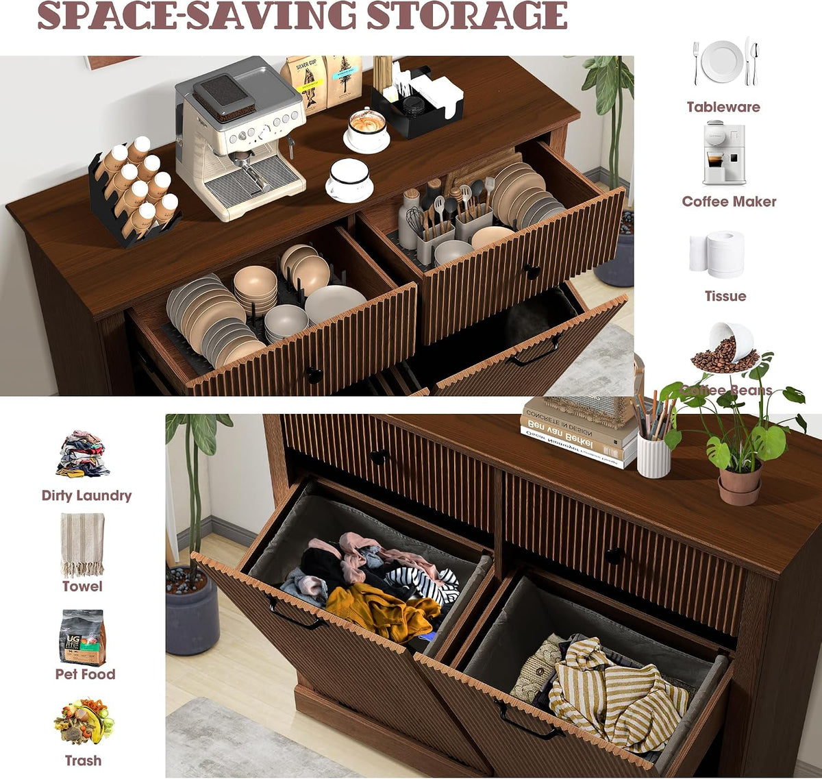 Double Tilt Out Laundry Hamper Cabinet, Modern Fluted Trash Can Cabinets with...