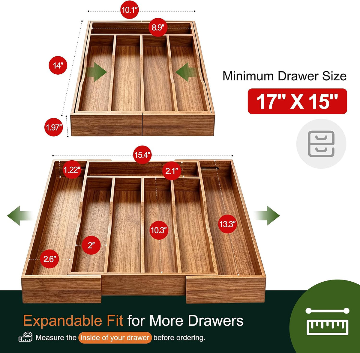 Expandable Acacia Kitchen Drawer Organizer for Cutlery and Utensils, Adjustab...