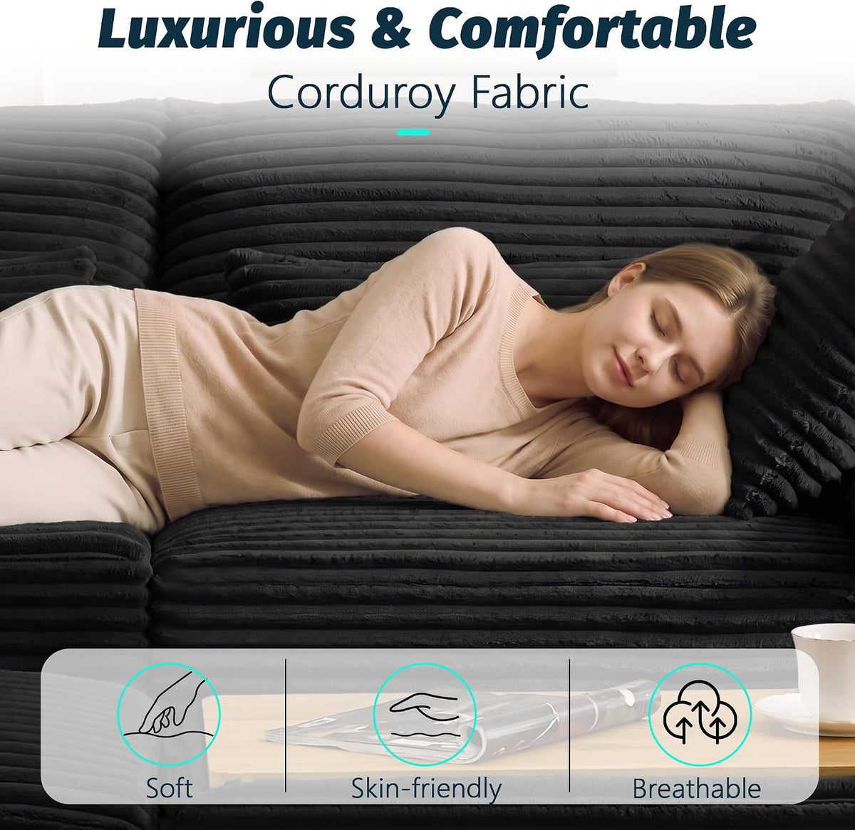 75" Corduroy Loveseat Sofa with 2 Storage Ottoman, USB Charging, Black