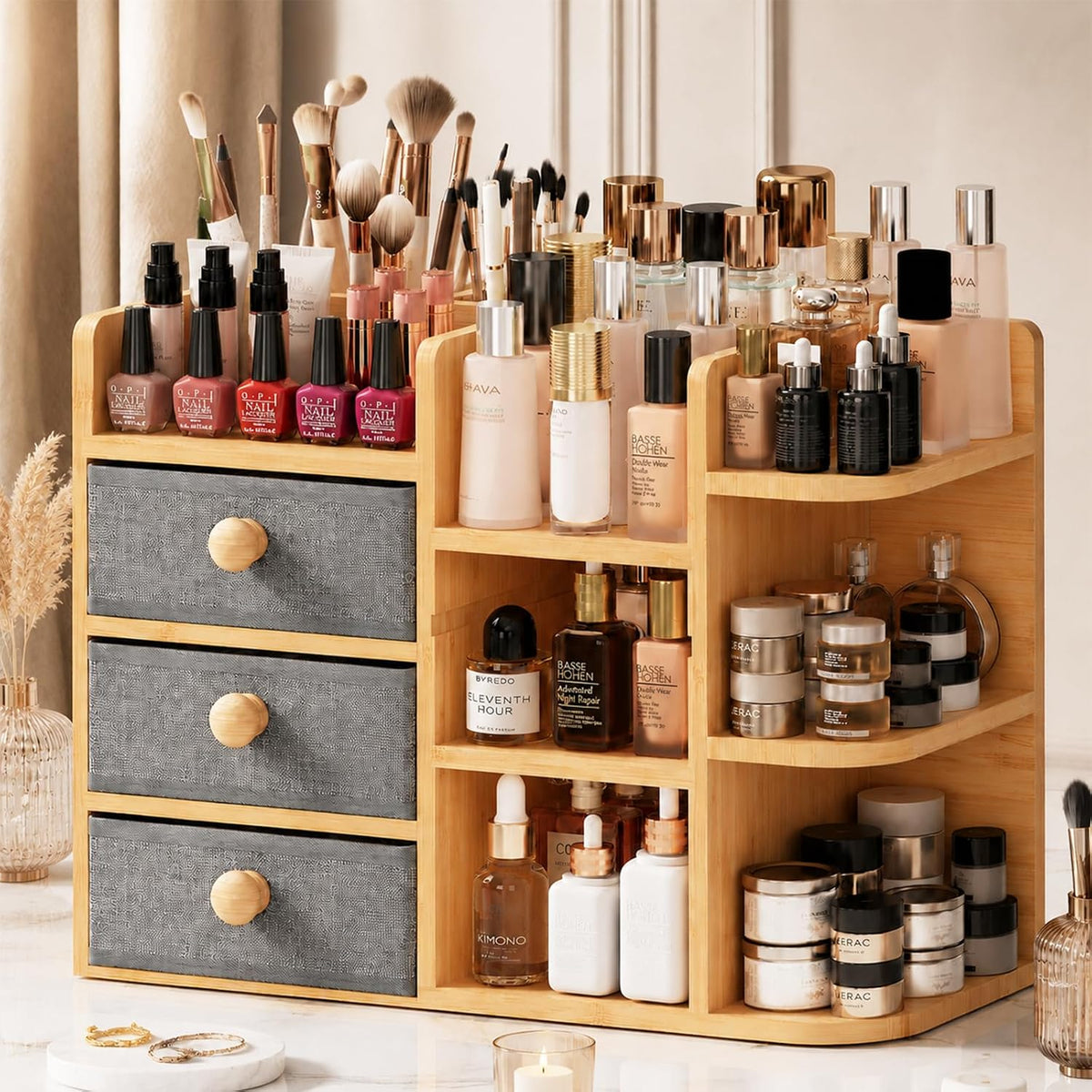 Large Makeup Organizer For Vanity, Large Capacity 3 Tiers Bamboo Bathroom Cou...