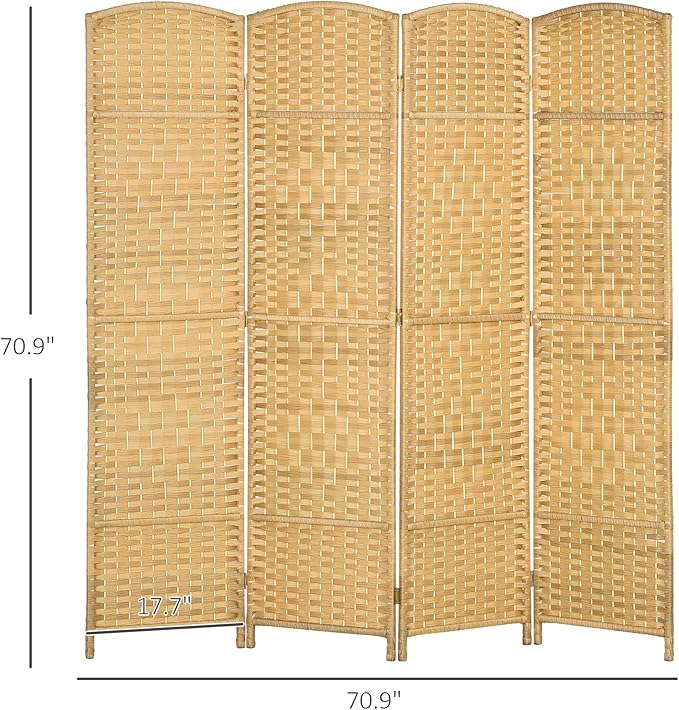 HOMCOM 4 Panel Room Divider, Hand-Woven Freestanding Wood Partition - Image 7