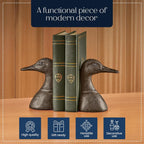 Decorative Distressed Cast Metal Duck Head Bookends - Heavy Duty Book Stopper for Shelves, Cute Novelty Book Holder - Rustic Vintage Home Office Organizer Set of 2