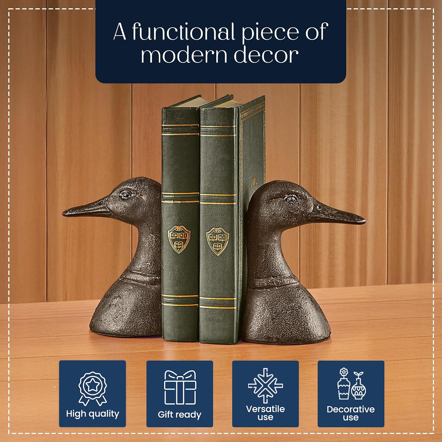 Decorative Distressed Cast Metal Duck Head Bookends - Heavy Duty Book Stopper for Shelves, Cute Novelty Book Holder - Rustic Vintage Home Office Organizer Set of 2