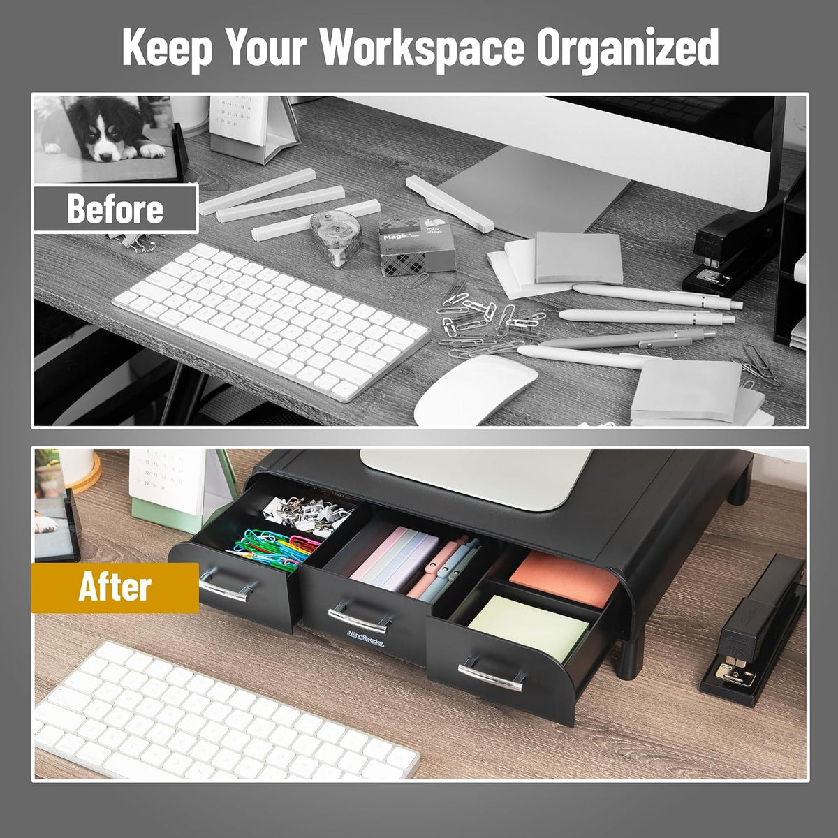 mind reader monitor stand, 3 storage drawers, desktop showing dimensions