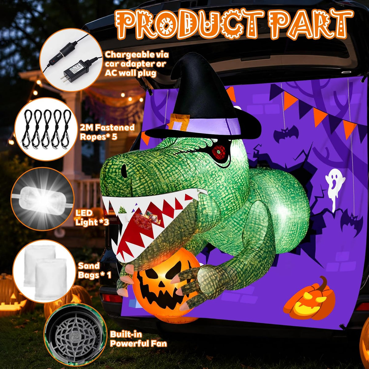 4 Ft Animated Trunk or Treat Car Inflatable Dinosaur,Halloween Trunk or Treat...