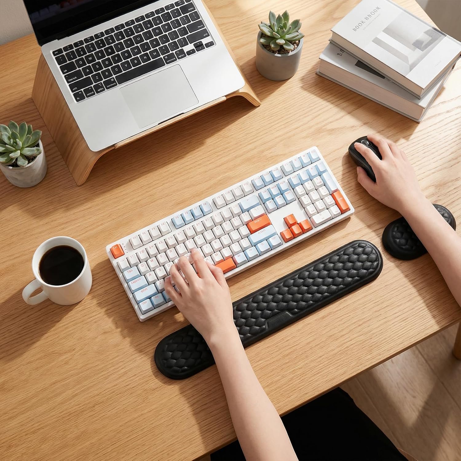 Wrist Rest for Keyboard and Mouse, Ergonomic Memory Foam Keyboard Set with Non-Slip Base, Soft Arm Cushion & Palm Support for Office, Home, Gaming & Laptop Typing, Reduces Fatigue & Strain, Black
