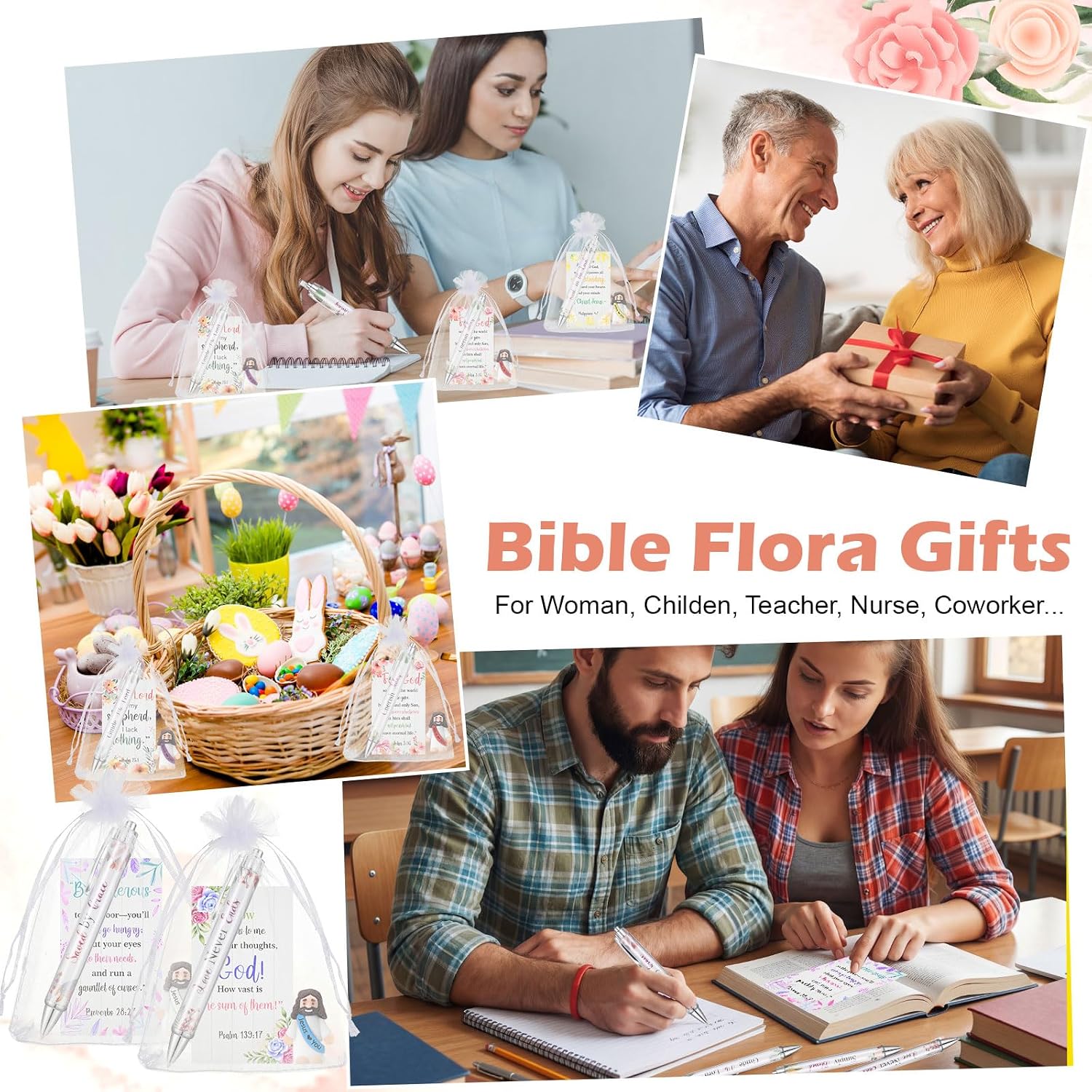 Cinnvoice 24 Set Christian Bulk Gifts for Women, Little Jesus Figures, Bible Verse Pens Gift with Prayer Cards, Religious Vbs Scripture for Easter Sunday Church Inspirational Supply (Floral Style)
