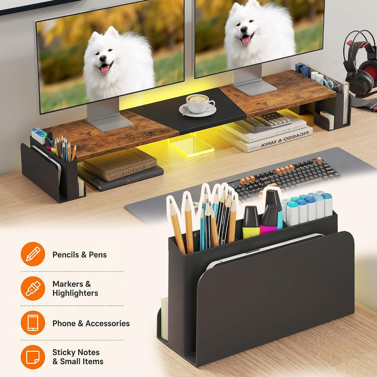 WESTREE Dual Monitor Stand Riser with Storage, Computer Monitor Riser with Ad...