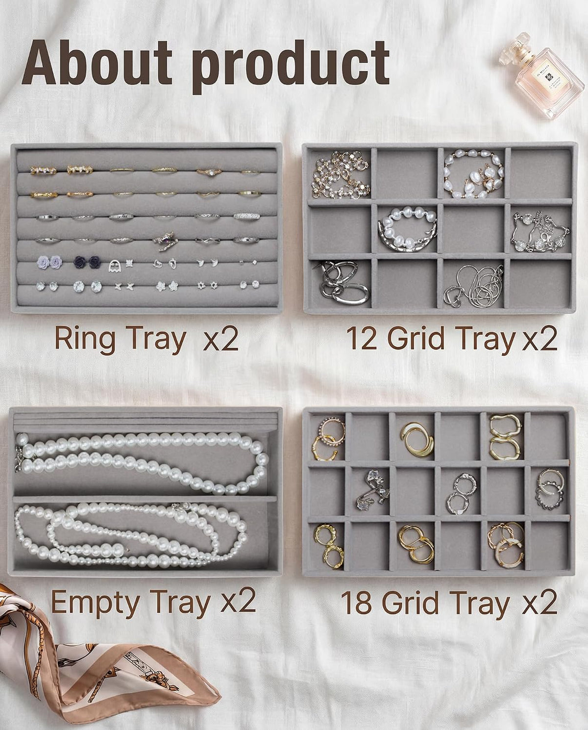Velvet Jewelry Trays,Jewelry Organizer Trays for Drawer,Set of 8,Gray