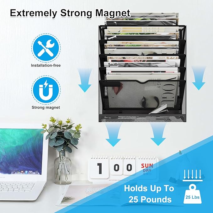KZWKRG 6 Tier Magnetic File Holder, Large Capacity Mesh Hanging Wall Organizer - Image 2