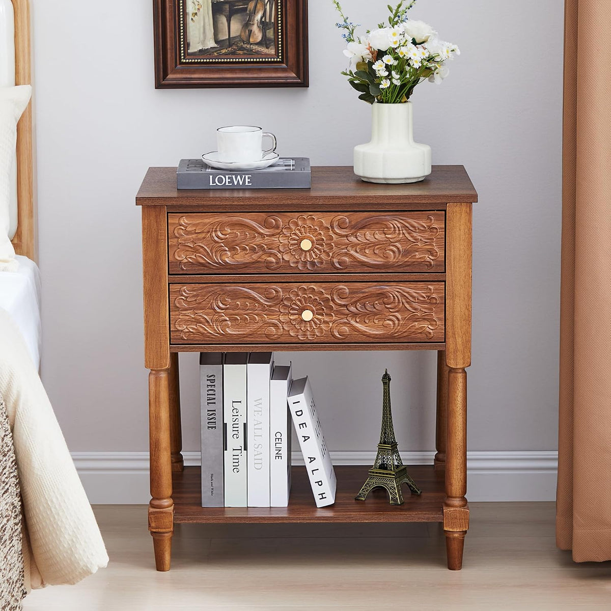 Nightstand, Farmhouse Bedside Table with 2 Drawers and Open Shelf