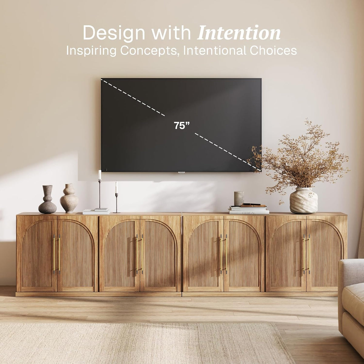 BELLEZE Set of 2 65" Sideboard Cabinet with Double-Arc Wood Doors, Large...