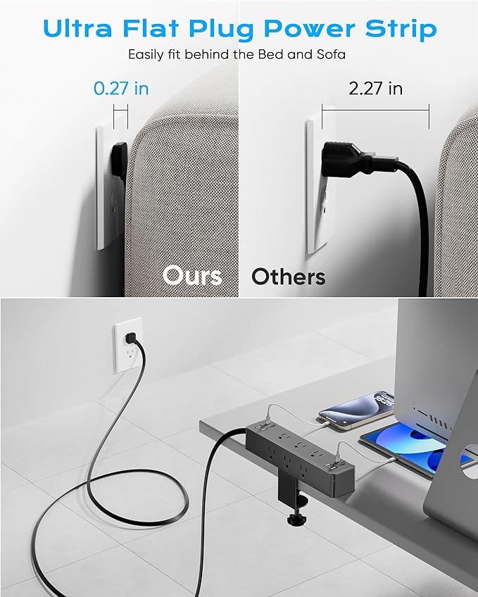 Flat Plug Desk Clamp Power Strip 10FT, 24W Total Charging Station, Desk Edge - Image 4