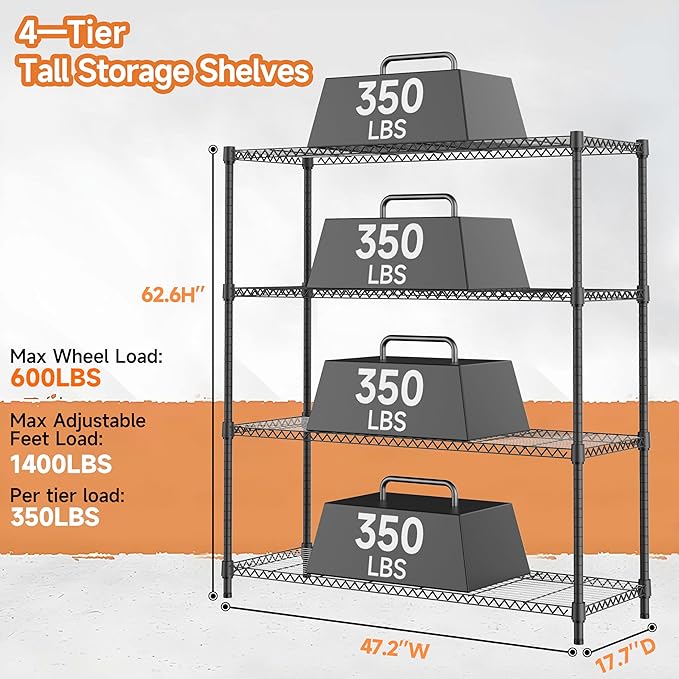 M MZG 4 Tiers Storage Shelves Load 1400LBS, Metal Shelving Wire Metal Shelving - Image 3