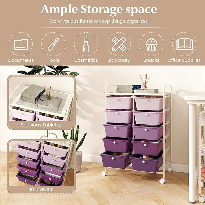 LDAILY 10 Drawer Rolling Cart, Storage Cart Organizer on Wheels, Drawer Cart - Image 5