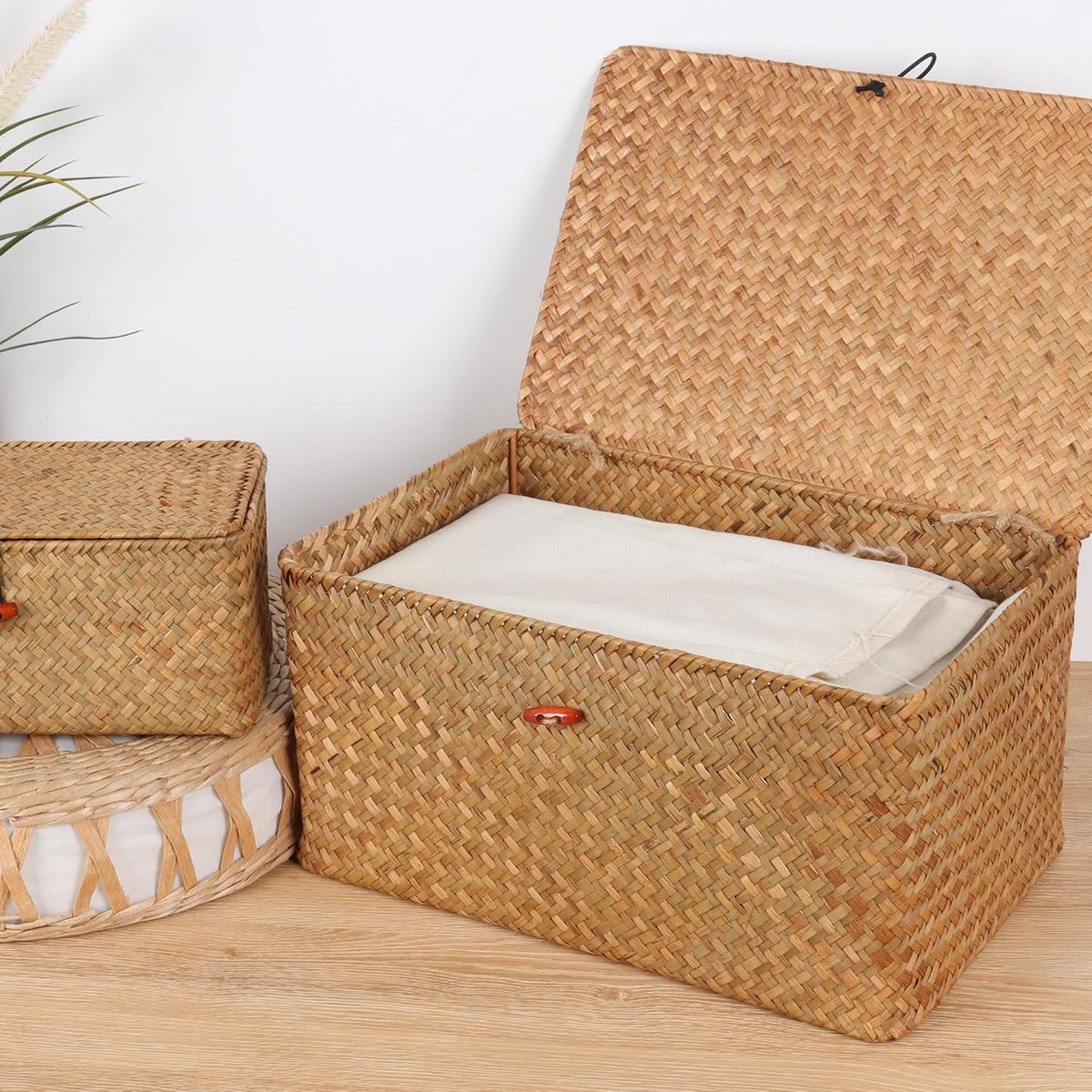Moosky Wicker Shelf Baskets with Lid,Natural Seagrass Storage Basket Boxes Ha...