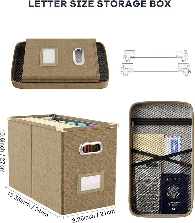 Oterri File Organizer Box with Lid, Hanging Filing File Box with Mesh Pocket - Image 2