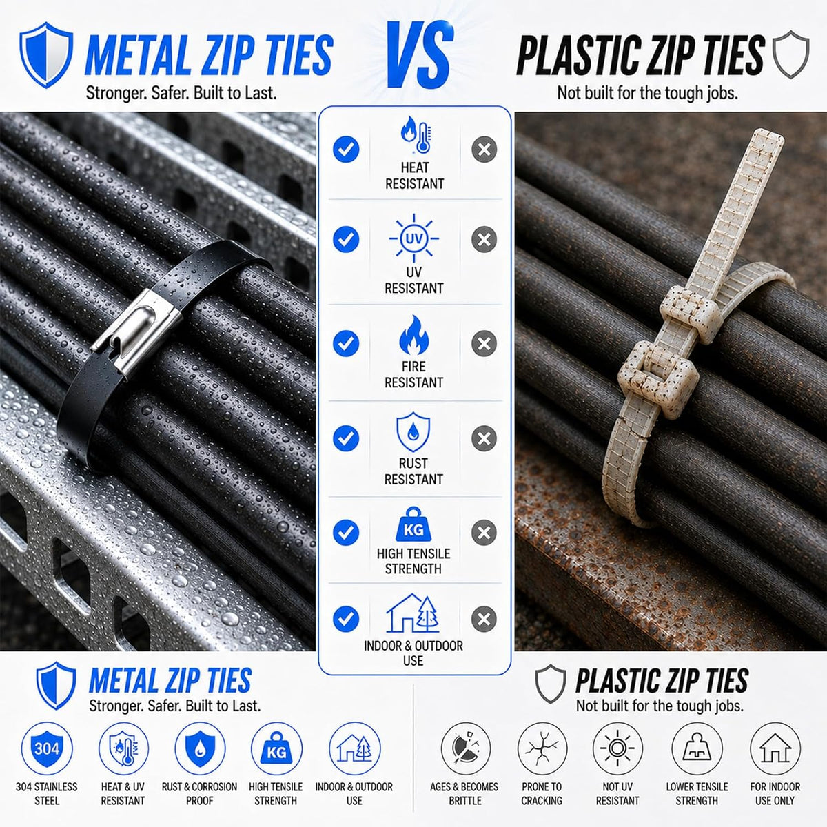 100PCS 12" Stainless Steel Cable Tie Gun Kit, Black Metal Zip Ties