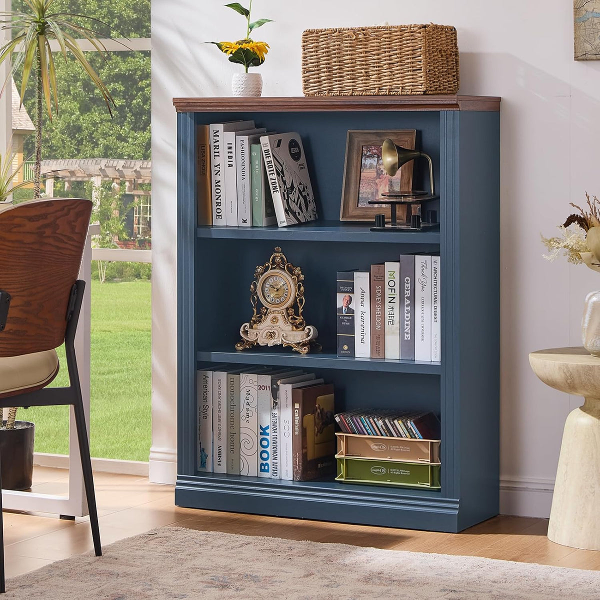 RWYHG 43" Blue Tall Bookshelf, 3-Tier Thick Wooden Book Shelf