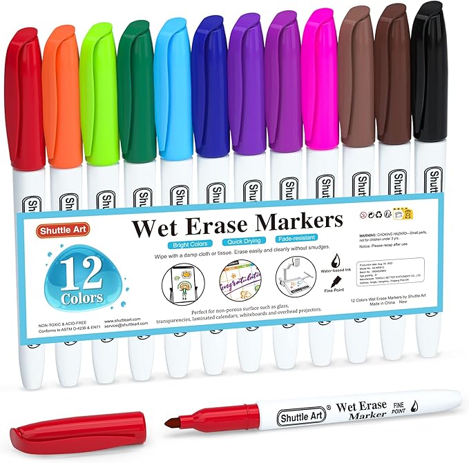 Shuttle Art Wet Erase Markers, 12 Colors 1mm Fine Tip Overhead Projectors by ShuttleArt