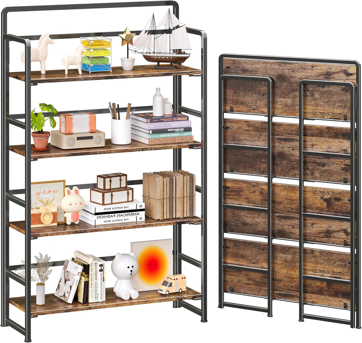 4NM No Assembly Extra Wide 4 Tiers Folding Bookshelf Storage Shelves Vintage