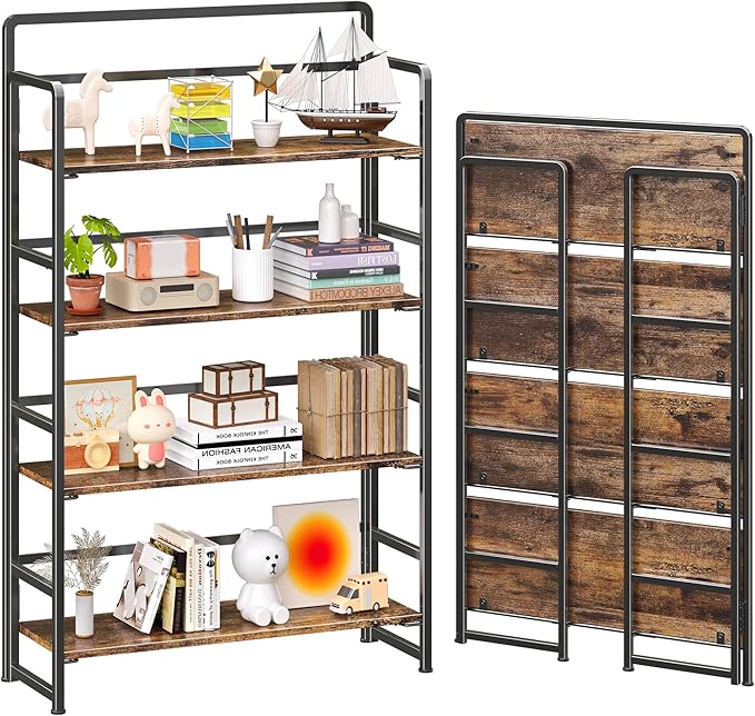 4NM No Assembly Extra Wide 4 Tiers Folding Bookshelf Storage Shelves Vintage by 4NM