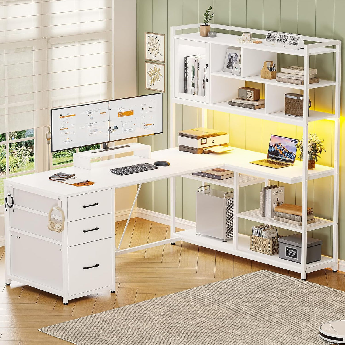 SEDETA 58'' L Shaped Computer Office Desk with 3 Drawers and Bookshelf